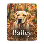 Personalized Labrador Retriever sherpa fleece blanket, watercolor-style portrait with the dog's name across the lower part