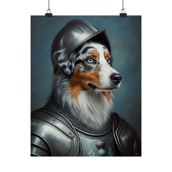 Australian Shepherd Medieval Knight Portrait Matte Poster, Regal Dog Art Print, Australian Shepherd Lover Gift, Wall Art