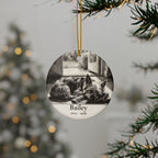 Personalized Yorkshire Terrier memorial ornament hanging on a Christmas tree, shown with the sample name Bailey