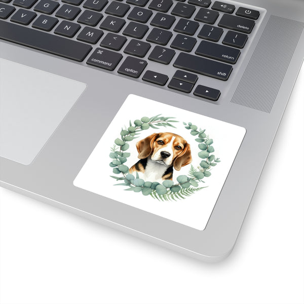 Beagle Watercolor Botanical Wreath Kiss-Cut Stickers | Premium Dog Prints | Tritan — Lifestyle View
