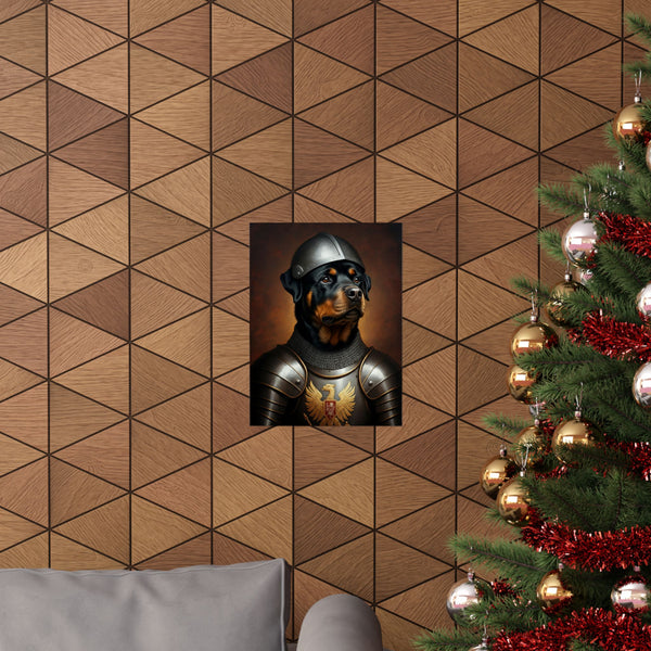 Rottweiler Medieval Knight Portrait Matte Poster, Regal Dog Art Print, Rottweiler Lover Gift, Wall Art — Lifestyle View