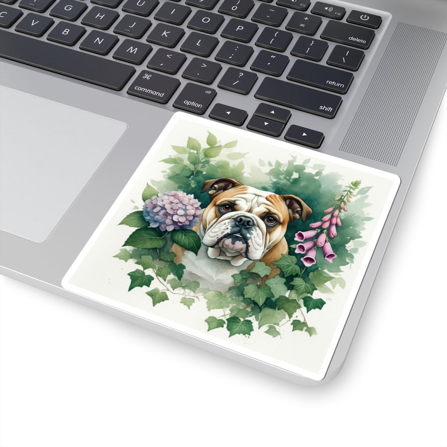 English Bulldog Watercolor Garden Peek Kiss-Cut Stickers | Premium Dog Prints | Tritan