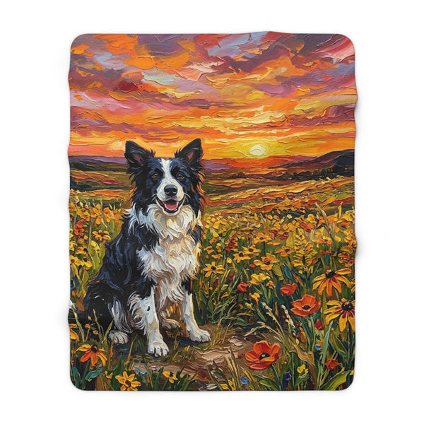 Border Collie Acrylic Gallery Print Sunset Prairie Sherpa Fleece Blanket | Dog Lover Gift