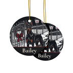 Front and back of the Doberman Christmas ornament: the same design prints on both sides
