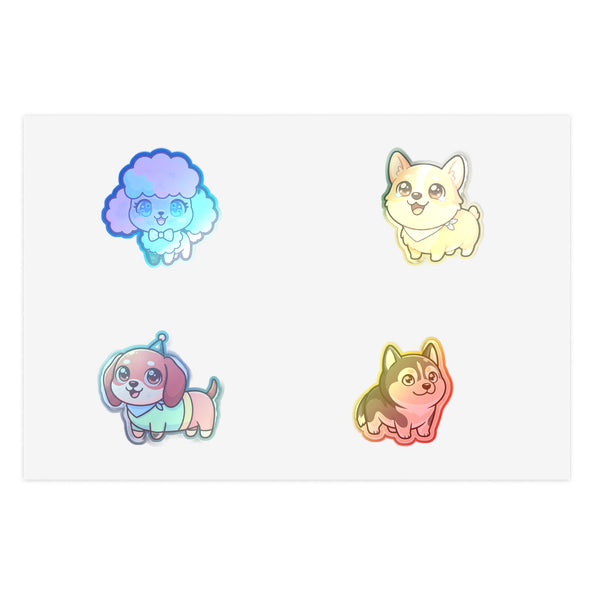 Chibi Pups Holographic Sticker Sheet, 4 Kawaii Cartoon Dog Stickers | Tritan