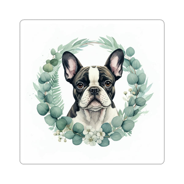 French Bulldog Watercolor Botanical Wreath Kiss-Cut Stickers | Premium Dog Prints | Tritan