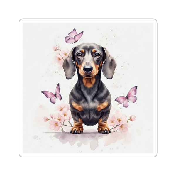 Dachshund Watercolor Butterfly Bloom Kiss-Cut Stickers | Premium Dog Prints | Tritan