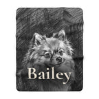 Personalized Pomeranian sherpa fleece blanket, charcoal-style portrait with the dog's name across the lower part