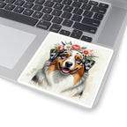 Australian Shepherd Watercolor Floral Crown Kiss-Cut Stickers | Premium Dog Prints | Tritan