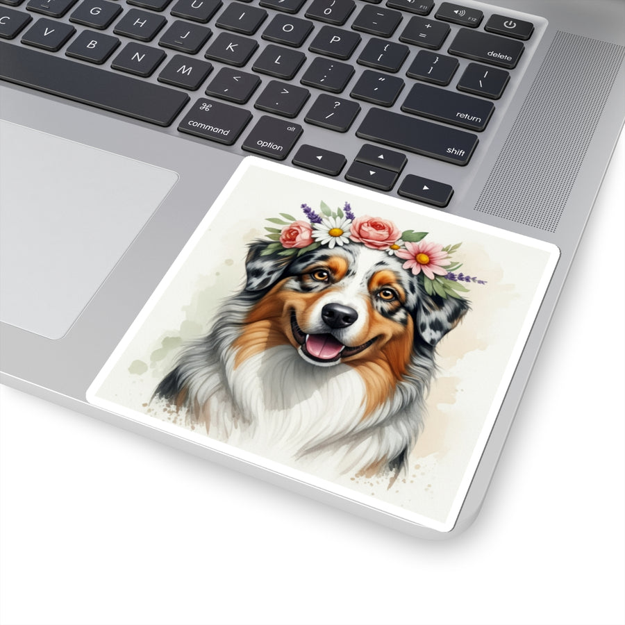 Australian Shepherd Watercolor Floral Crown Kiss-Cut Stickers | Premium Dog Prints | Tritan