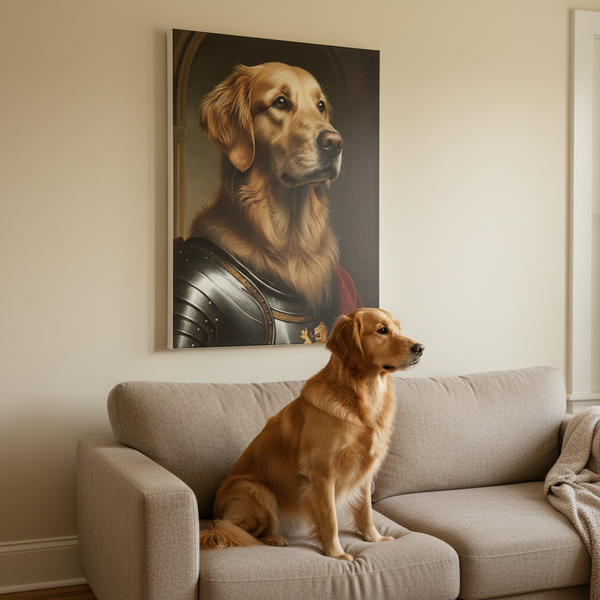 Golden Retriever Medieval Knight Portrait Canvas Wall Art, Regal Dog Painting, Golden Retriever Lover Gift, Stretched Canvas — Lifestyle View