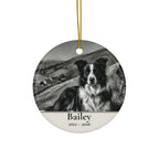 Front of the personalized Border Collie memorial ornament, ceramic, 2.9 inches, with the sample name Bailey