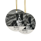 Front and back of the Border Collie memorial ornament: the same design prints on both sides
