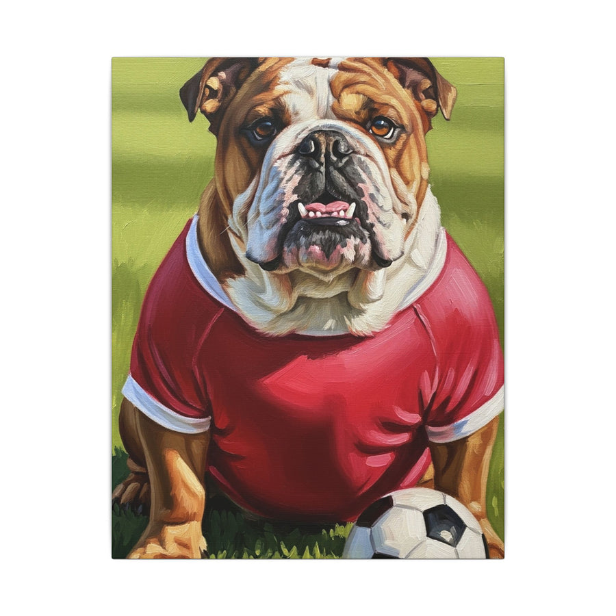 English Bulldog Oil Painting Soccer Portrait Canvas Wall Art | Funny Dog Decor Gift for Him Her | Bulldog Lover Art Print