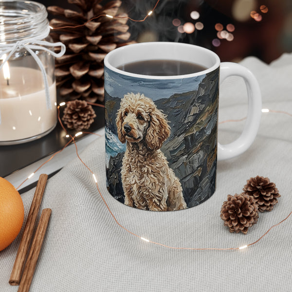 Poodle Coastal Cliffside Ceramic Mug 11oz | Acrylic Painting Style — Lifestyle View