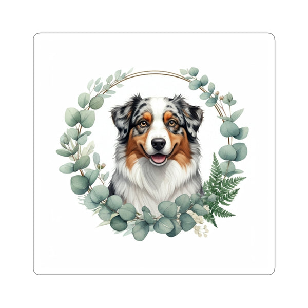 Australian Shepherd Watercolor Botanical Wreath Kiss-Cut Stickers | Premium Dog Prints | Tritan