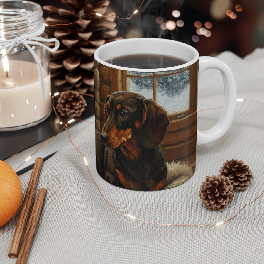 Acrylic Dachshund - Winter Hearth | Ceramic Mug 11oz