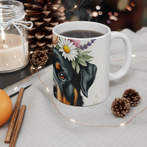 Rottweiler Watercolor Floral Crown Coffee Mug | Premium Dog Prints | Tritan — Lifestyle View