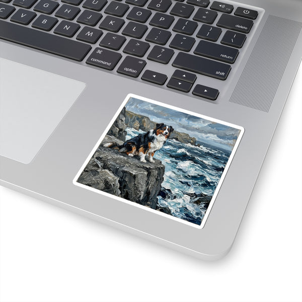Australian Shepherd Acrylic Gallery Print Coastal Cliffside Kiss-Cut Stickers | Premium Dog Prints | Tritan — Lifestyle View