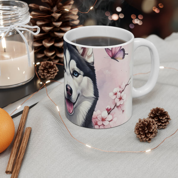 Siberian Husky Watercolor Butterfly Bloom Coffee Mug | Premium Dog Prints | Tritan — Lifestyle View