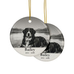 Front and back of the Bernese Mountain Dog memorial ornament: the same design prints on both sides