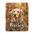 Personalized Golden Retriever sherpa fleece blanket, watercolor-style portrait with the dog's name across the lower part
