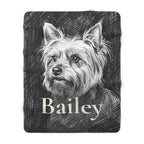 Personalized Yorkshire Terrier sherpa fleece blanket, charcoal-style portrait with the dog's name across the lower part