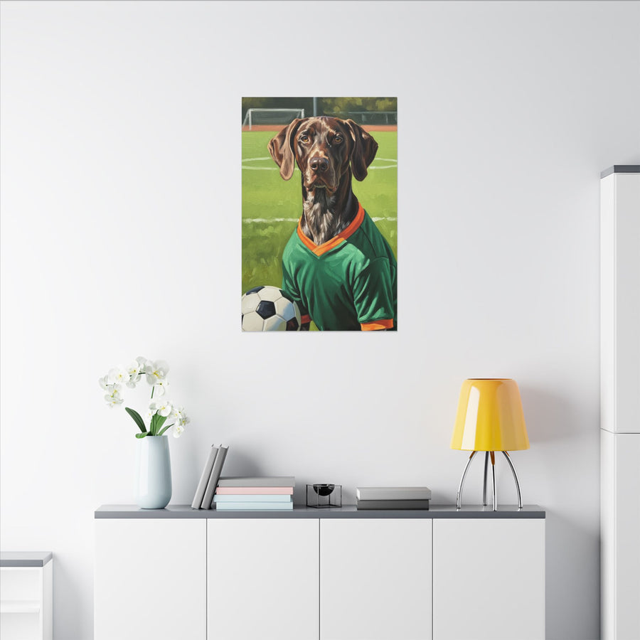 German Shorthaired Pointer Oil Painting Soccer Portrait Wall Art, GSP Dog Lover Gift, Canine Decor, Fetching Football Fan Canvas