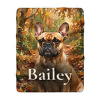 Personalized French Bulldog sherpa fleece blanket, watercolor-style portrait with the dog's name across the lower part