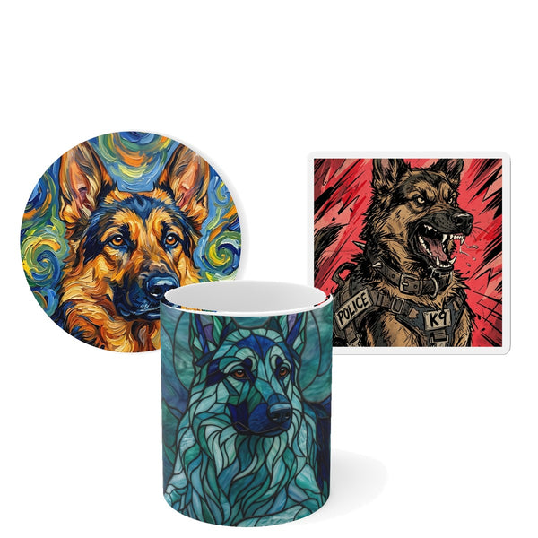 German Shepherd Desk Set — 3 Art Styles | Mug + Coaster + Magnet