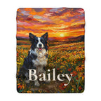Personalized Border Collie sherpa fleece blanket, acrylic-style portrait with the dog's name across the lower part