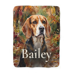 Personalized Beagle sherpa fleece blanket, watercolor-style portrait with the dog's name across the lower part