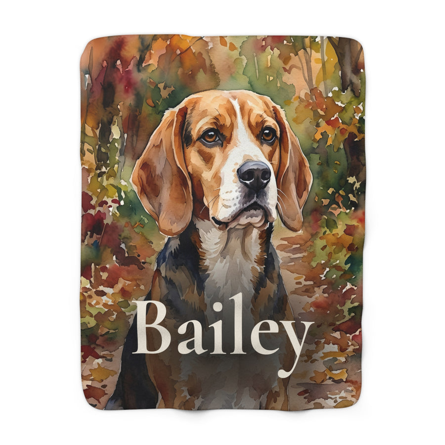 Personalized Beagle sherpa fleece blanket, watercolor-style portrait with the dog's name across the lower part