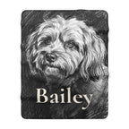 Personalized Havanese sherpa fleece blanket, charcoal-style portrait with the dog's name across the lower part