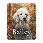 Personalized Poodle sherpa fleece blanket, watercolor-style portrait with the dog's name across the lower part