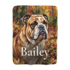 Personalized English Bulldog sherpa fleece blanket, watercolor-style portrait with the dog's name across the lower part