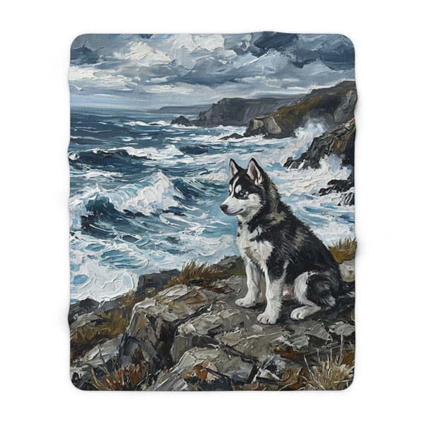 Acrylic Gallery Print Siberian Husky - Coastal Cliffside | Sherpa Fleece Blanket