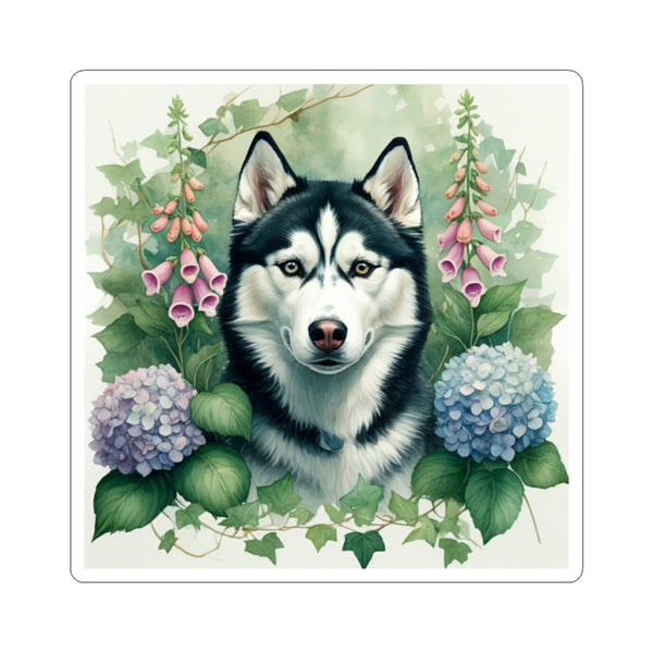 Siberian Husky Watercolor Garden Peek Kiss-Cut Stickers | Premium Dog Prints | Tritan