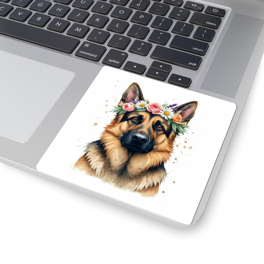 German Shepherd Watercolor Floral Crown Kiss-Cut Stickers | Premium Dog Prints | Tritan