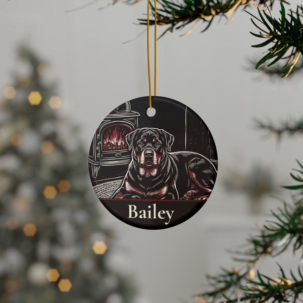 Personalized Rottweiler Christmas ornament hanging on a Christmas tree, shown with the sample name Bailey
