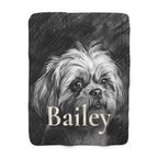 Personalized Shih Tzu sherpa fleece blanket, charcoal-style portrait with the dog's name across the lower part
