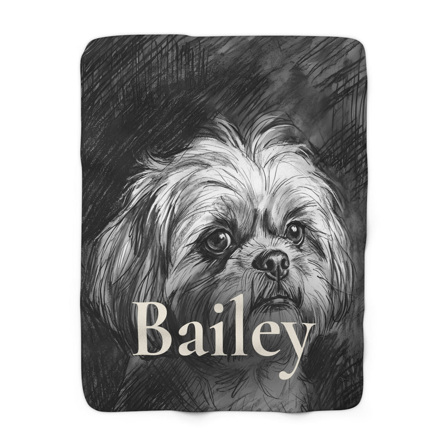 Personalized Shih Tzu sherpa fleece blanket, charcoal-style portrait with the dog's name across the lower part