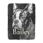 Personalized Boston Terrier sherpa fleece blanket, charcoal-style portrait with the dog's name across the lower part