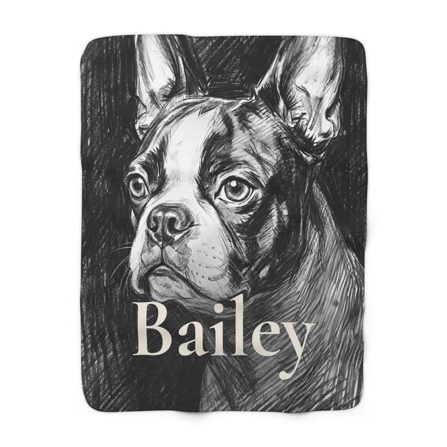 Personalized Boston Terrier sherpa fleece blanket, charcoal-style portrait with the dog's name across the lower part