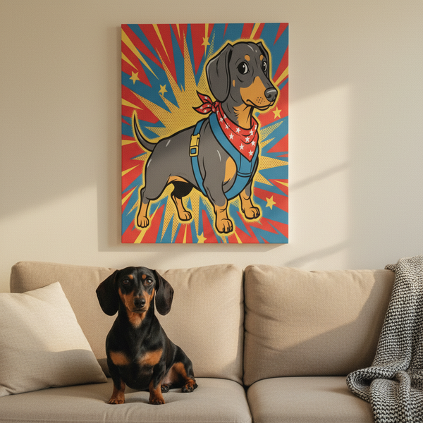 Dachshund Comic Book Art Canvas Print | Retro Pop Art Doxie Wall Decor — Lifestyle View
