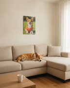 Corgi Oil Painting Soccer Portrait Canvas, Funny Dog Wall Art Decor, Pembroke Welsh Corgi Lover Gift for Him Her, Pet Art Print