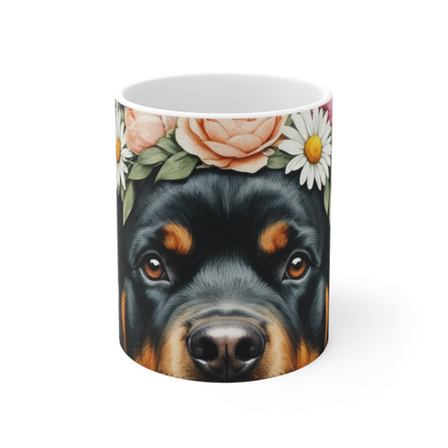 Rottweiler Watercolor Floral Crown Coffee Mug | Premium Dog Prints | Tritan