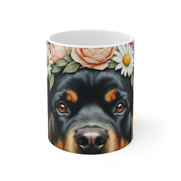 Rottweiler Watercolor Floral Crown Gift Set — Mug + Coaster + Sticker | Tritan