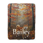 Personalized Shiba Inu sherpa fleece blanket, acrylic-style portrait with the dog's name across the lower part