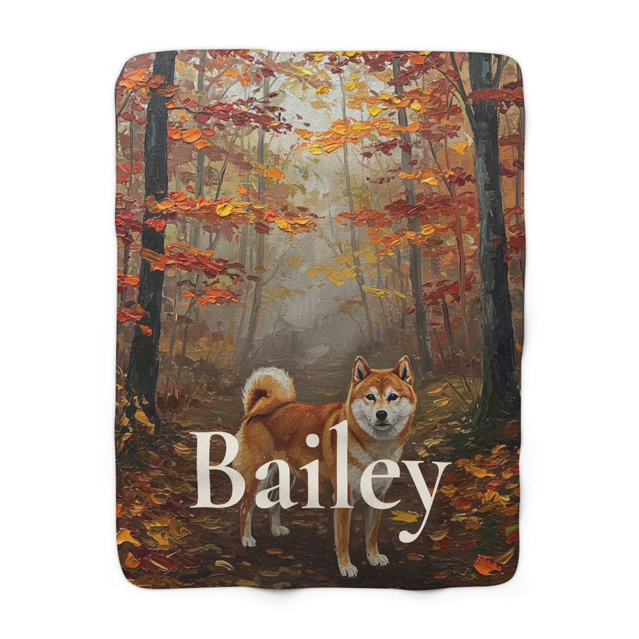Personalized Shiba Inu sherpa fleece blanket, acrylic-style portrait with the dog's name across the lower part